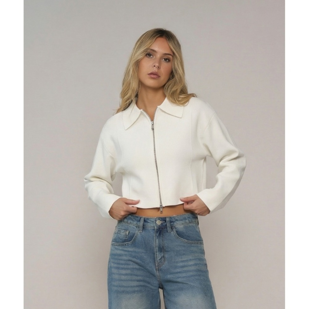 NWOT COS White Cropped Milano Knit Zip Up Collared Jacket Minimalist Women's S